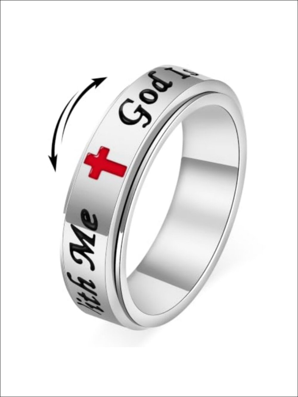 Stainless Steel Spinner Fidget Ring God is With Me Cross Anxiety Relief